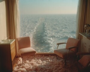 Poster - Retro-style cozy room with vintage armchairs overlooking icy Arctic waters and icebreaker path, blending nostalgia with climate exploration themes
