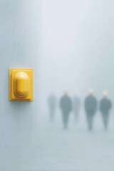 Aufkleber - Modern Workplace Safety Concept with Yellow Emergency Fire Drill Button and Blurred Safety Helmeted Workers in Foggy Industrial Environment