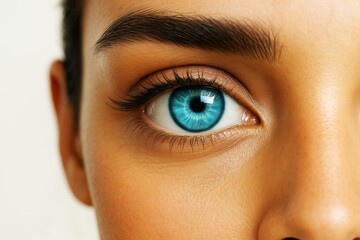 Poster - Close-up of a person bright blue eye with detailed iris and eyelashes, captured in sharp focus on a light background. Ai generative.