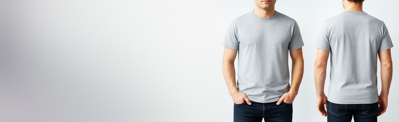 Poster - Front and back view of man in gray t-shirt for clothing mockup presentation on clean light background with copy space for design or branding concept.