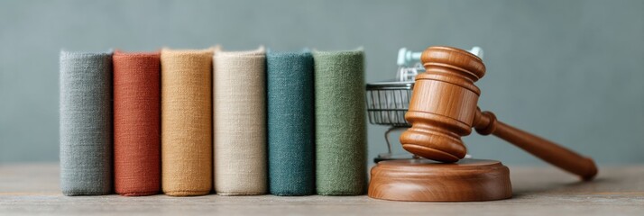 Poster - Consumer protection concept with wooden judge gavel and miniature shopping cart alongside law books, textured wood and legal advocacy for fair trade