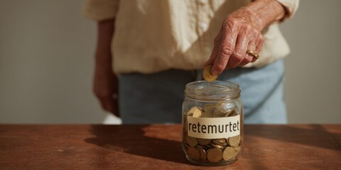 Fototapete - Senior Woman Depositing Coins into Glass Jar Labeled Retirement on Wooden Table Financial Discipline and Long-Term Wealth Strategy Concept