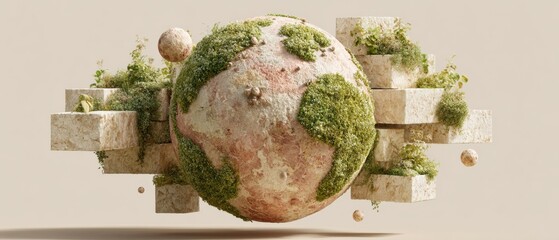 Poster - Digital Globe Hologram Surrounded by Moss and Seedlings Representing Global Sustainability and Eco-Friendly Technology for Environmental Monitoring