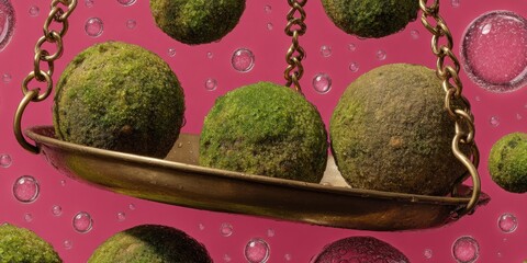 Aufkleber - Antique Brass Balance Scale with Moss-Covered Weights Highlighting Environmental Law and Ecological Justice in Sustainable Business Concepts