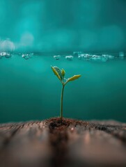 Poster - Emerging Seedling in Rich Soil on Wooden Surface with Water Droplets - Sustainable Gardening and Citizen Science for Environmental Awareness