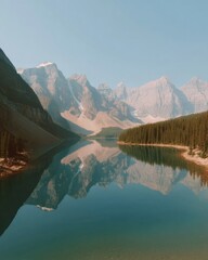 Poster - Moraine Lake Serenity with Towering Canadian Rockies Reflected in Crystal Water - Pristine Wilderness Tourism and Eco Adventure Marketing