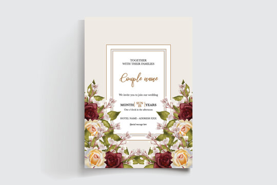 WEDDING INVITATION FRAME WITH FLOWER DECORATIONS AND FRESH LEAVES
