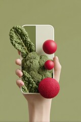 Poster - Modern hand holding smartphone with AI voice command interface and digital voice visualization, showcasing smart assistant technology and portable AI integration