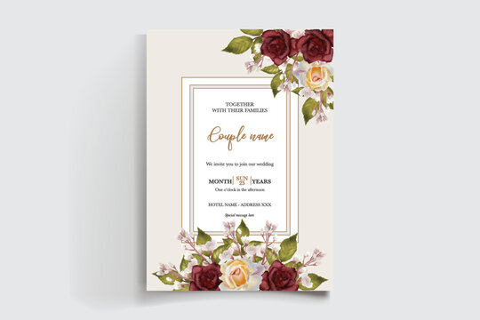 WEDDING INVITATION FRAME WITH FLOWER DECORATIONS AND FRESH LEAVES
