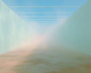 Aufkleber - Futuristic warehouse corridor with geometric ceiling lights, mist-filled space and reflective floor for immersive entertainment venue marketing and tech design