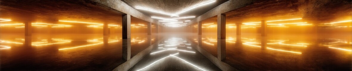 Poster - Industrial Underground Club Interior with Reflective Floor and Linear LED Lighting Showcasing Modern Nightlife Venue Design and Urban Entertainment Trends