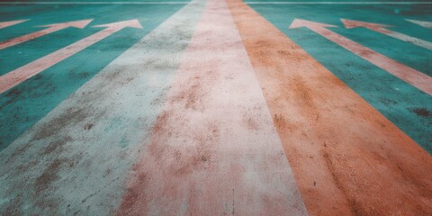 Poster - Strategic Leadership and Direction Concept with Colorful Arrows on Textured Asphalt for Modern Business Marketing and Digital Branding Campaigns