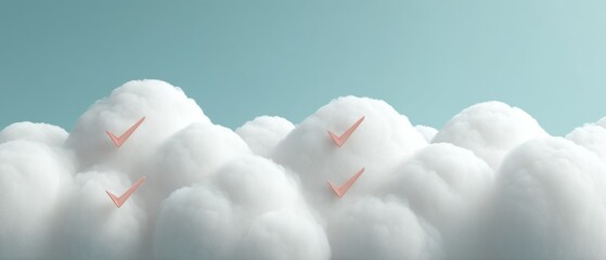 Aufkleber - Stylized Digital Checklist Graphic with Tick Marks over Cloud Shapes Symbolizing Productivity and Task Management in Modern Tech and Business Environments