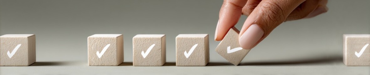 Aufkleber - Modern Task Management Concept with Hand Arranging Wooden Check Mark Cubes in Minimalist Workspace for Systematic Progress and Productivity