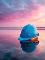 Poster - Modern Industrial Safety Blue Hard Hat on Reflective Surface with Manufacturing Background at Sunset Workplace Hazard Prevention and OSHA Compliance