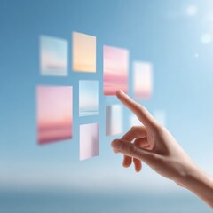 Poster - Futuristic Virtual Interface with Hand Interaction and Digital Cards in Soft Pastel Hues for Modern Tech and User Experience Concepts