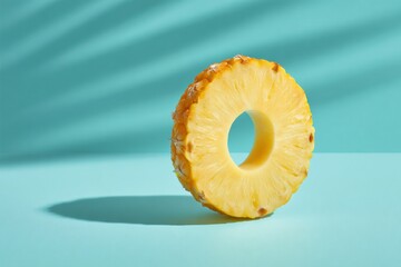Aufkleber - Fresh Pineapple Ring Isolated on Clean Turquoise Background with Sharp Focus on Texture for Healthy Lifestyle and Tropical Fruit Advertising