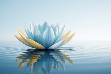 Poster - Tranquil blue and yellow lotus flower floating on calm water with soft ripples and light sky background, symbolizing peace and nature concept.