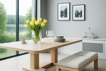 Poster - Modern dining room with wooden table, yellow tulips in glass vase, plates and glasses, bright interior with large window and nature view.