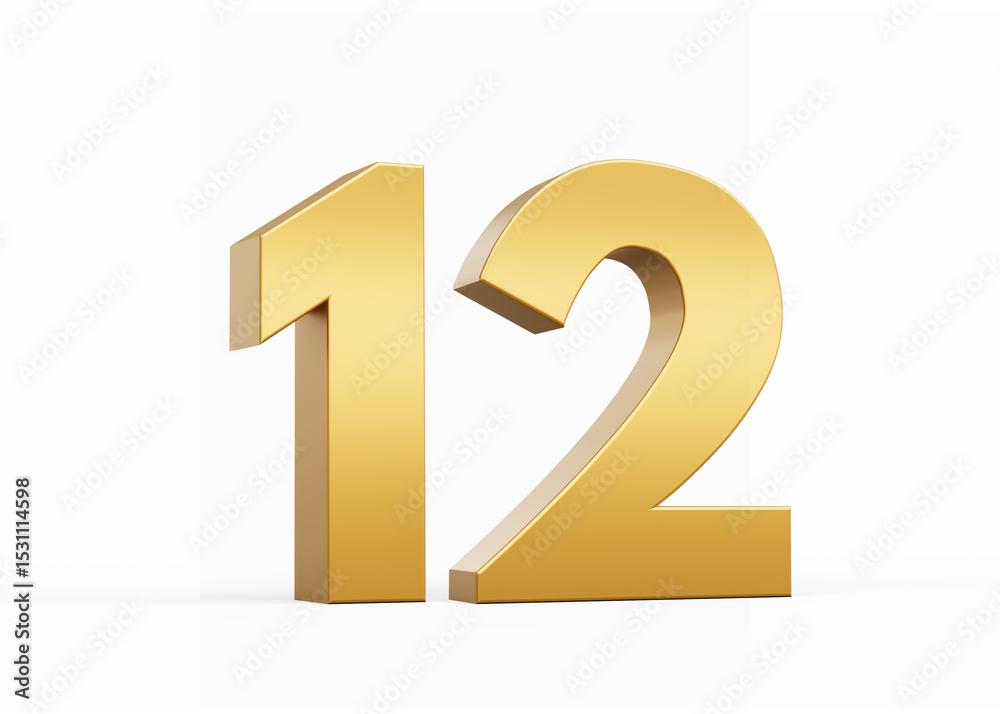 3D Golden number 12 Twelve isolated on white background, 3d ...