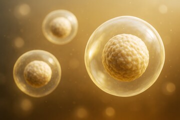 Poster - Close-up view of biological cells with textured cores suspended in translucent spheres on a glowing light background, symbolizing microscopic science concept.