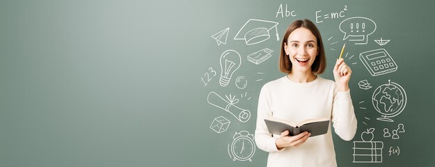 Poster - Happy teacher holding book and pencil with science and education doodles on green chalkboard background, left side for copy space and concept design.
