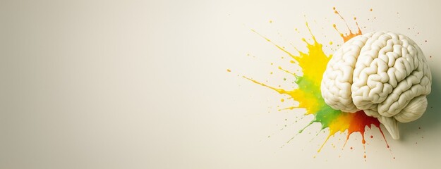 Poster - Creative brain model with colorful paint splash on light background for science and design concept, ideal for advertising and copy space mockup.