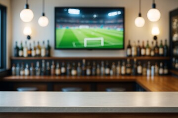 Poster - Modern bar interior with empty counter and blurred TV showing soccer match in cozy atmosphere with warm lighting and liquor bottles in background.