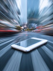 Poster - Smartphone App Crash Error Displayed in Vibrant Motion Blur With Faded Top Layout in a Bustling Urban Environment