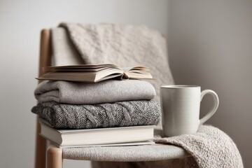Aufkleber - Soft Homewear and a Cozy Scene With a Book and Cup on a Chair in a Minimalistic Setting