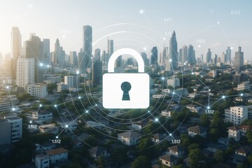 Aufkleber - Cybersecurity lock icon over smart city skyline with digital network connections and data points in abstract light background concept of secure technology.