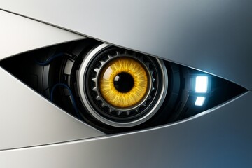 Aufkleber - Close-up of robotic eye with glowing yellow iris inside metallic casing, featuring futuristic technology concept and illuminated background light.
