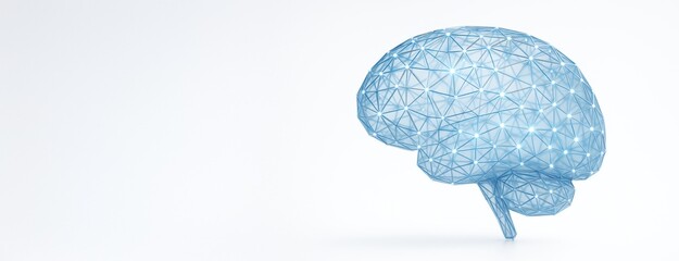 Poster - Abstract low-poly blue brain shape with glowing nodes on white background symbolizing digital intelligence, tech concept and copyspace design template.