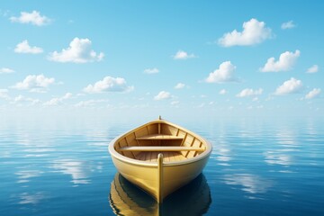Poster - Wooden boat floating on calm blue sea under a bright sky with scattered clouds, peaceful background scene concept with light reflections.