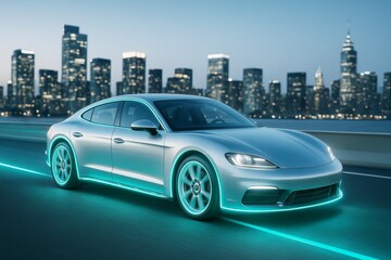 Aufkleber - Futuristic electric car glowing with neon lights on night highway with city skyline background under blue evening sky. Ai generative.
