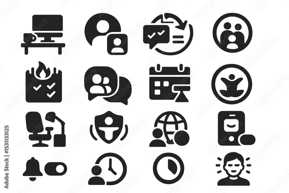 Hybrid Work-Life Balance Icons. Solid style icons of hybrid work life ...