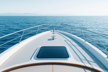 Poster - Luxury yacht bow sailing on calm sea under clear blue sky with distant mountain background, peaceful light travel concept image.
