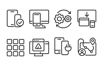 Digital Cross-Platform Icons. Line style icons of cross-platform compatibility: smart device compatibility, digital mirror icon,