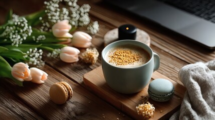 Overhead shot of desk where AI assistant projects daily affirmation quotes onto a smooth wooden surface while user drinks tea; minimalist elements like stone coaster and cotton drape included 