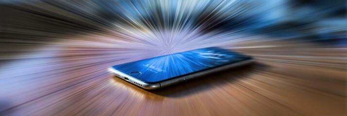 Poster - Smartphone App Crash Error Captured in Motion Blur With Faded Top Layout on Wooden Surface