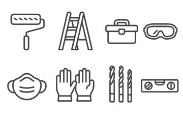 Home Improvement Icons. Line style icons for home improvement: paint roller, ladder, toolbox, safety goggles, mask, gloves, drill