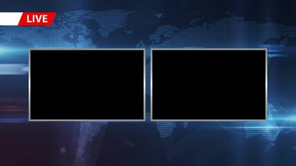 Live news broadcast backdrop with two black screens and world map background