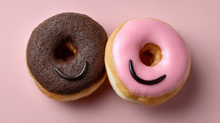 Poster - Two donuts with smiling faces on them. One is chocolate and the other is pink. They are placed next to each other on a pink surface