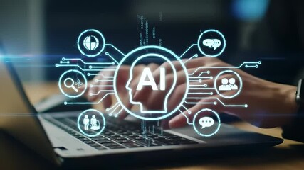 Poster - hands typing on laptop keyboard with glowing holographic AI interface  futuristic technology concept digital brain icon in center with network connection nodes artificial intelligence icons around
