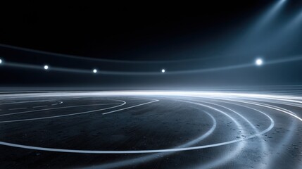 Aufkleber - Stylized Court Lines Transforming Into Bracket Paths Create a Dynamic Visual on a Dark Surface Illuminated by Bright Lights