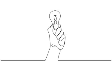Aufkleber - One line drawing of Hand holding a light bulb. Symbol of creativity and invention, Hands with bulb light continuous one line symbol drawing. Energy, idea, creative concept icon in simple style.