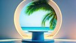 © AbstractAI - 3D podium with copy space for product display presentation set against a palm beach abstract background. Tropical summer and vacation theme. Graphic art design.