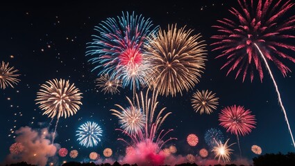 Poster - Colorful Fireworks bursting in the night sky for celebration and anniversary concept.