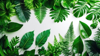 Poster - Collection of diverse green leaves pattern for nature concept, set of tropical leaves isolated on white background.