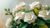 Beautiful white gardenia flower bouquet with blooming background